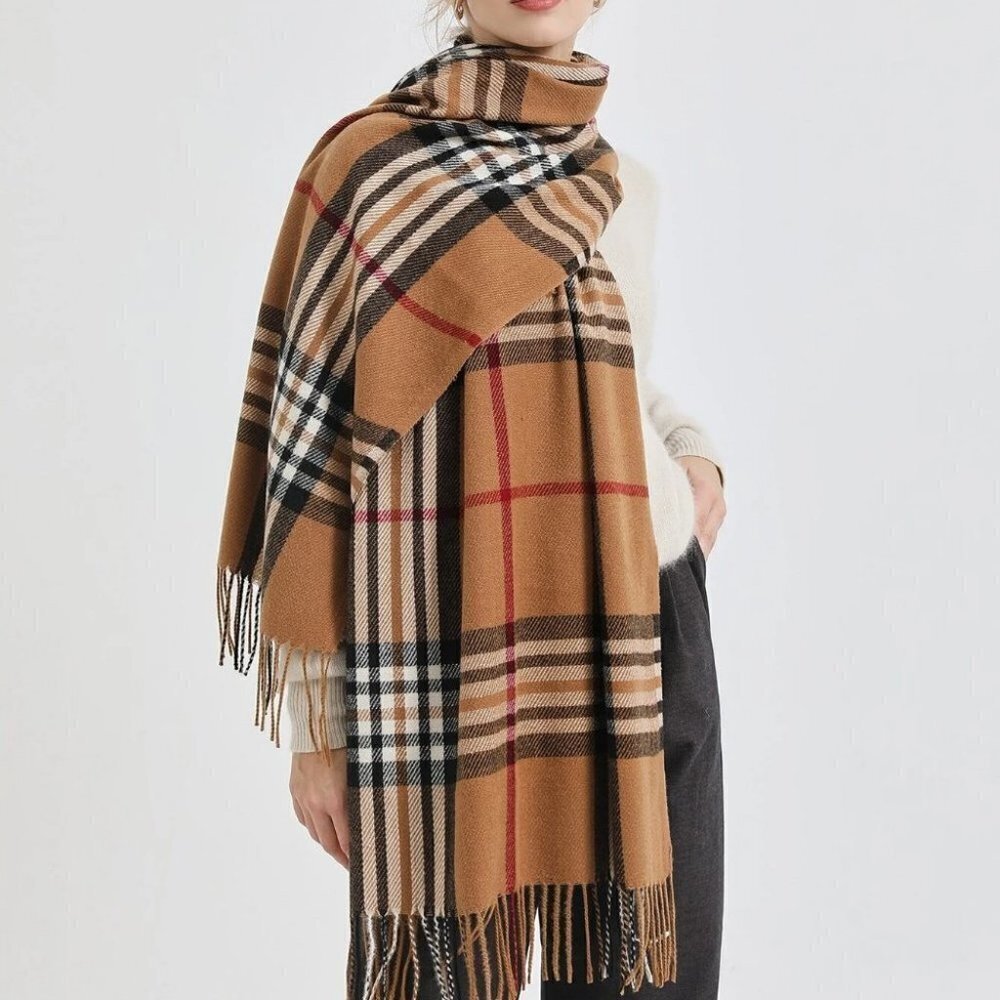 Preppy plaid print oversized  Scarf tan